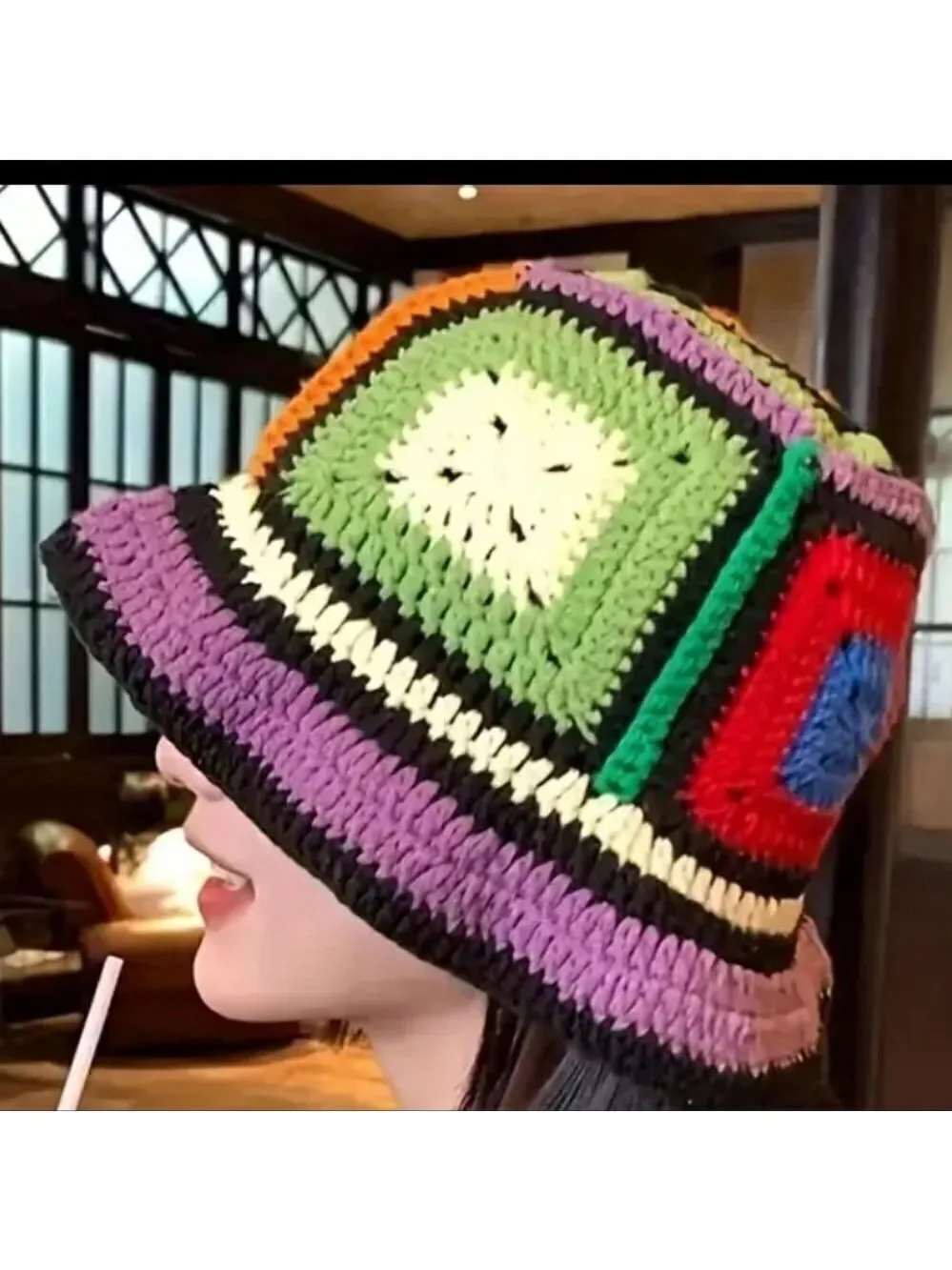 Unisex Crochet Bucket Hat Plaid Sun Hat Handmade